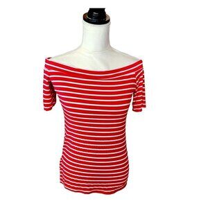 ZJCT Off Shoulder Red and White Striped Short Sleeve Casual Top